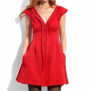 Nanette Lepore Red zip pleated cocktail Dress pockets 6 Wedding Guest mobwife